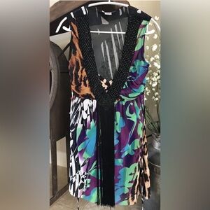 Alberto Makali Exotic Print Fringe Dress Size Small